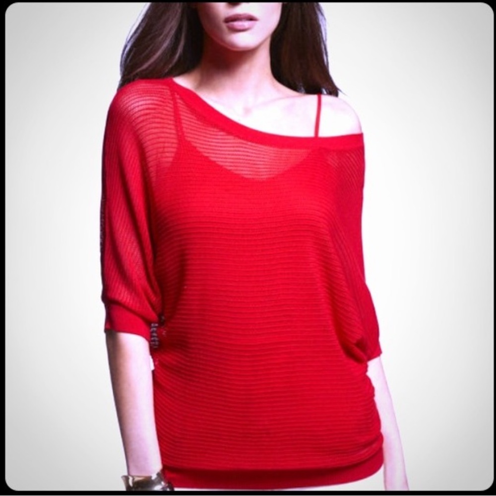 NWT Express sweater dolman open knit net express top mesh neon red top